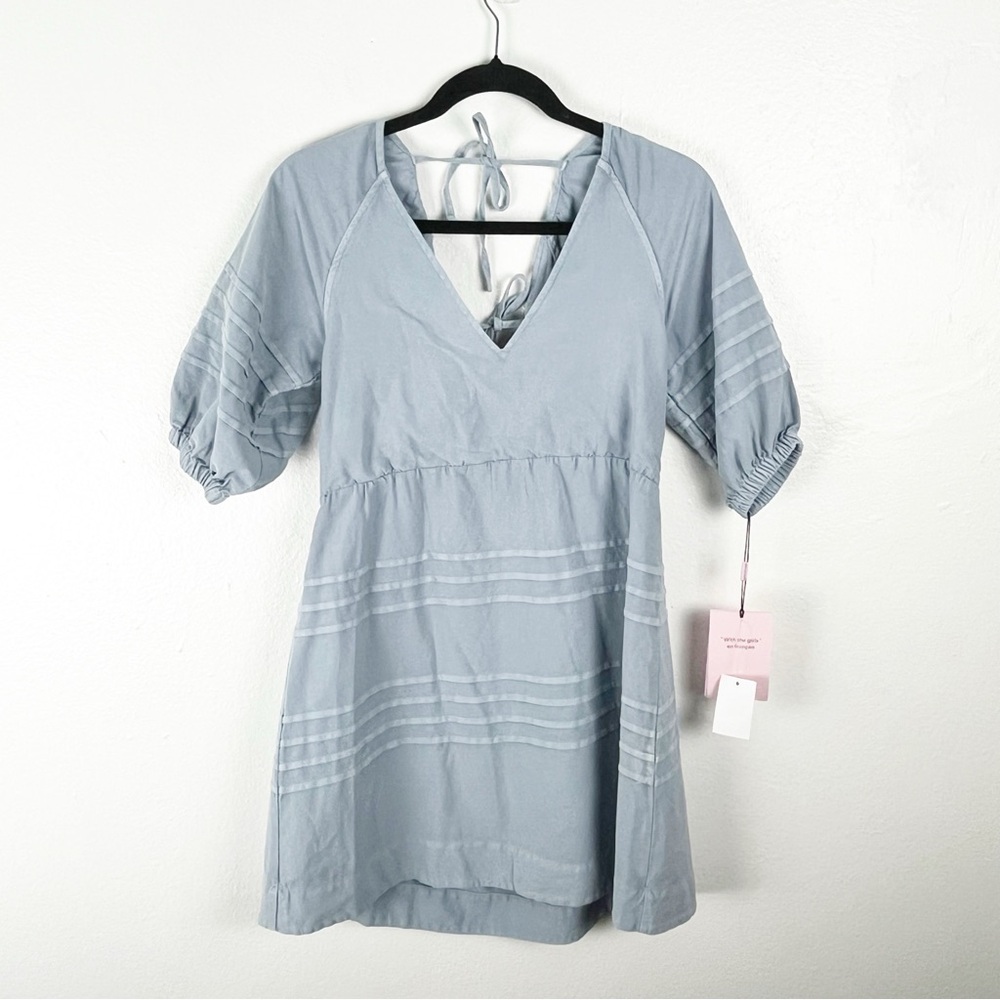 AVEC LES FILLES Sky Blue Triple Tie Back V-Neck Puff Sleeves Dress, Size Small